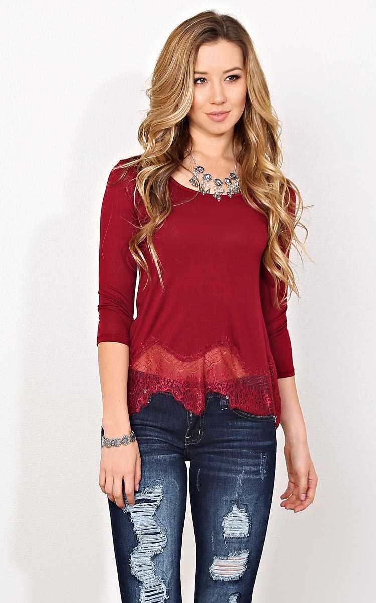 Burgundy Lace Trim Boxy Knit Top - LGE - Burgundy in Size Large by Styles For Less