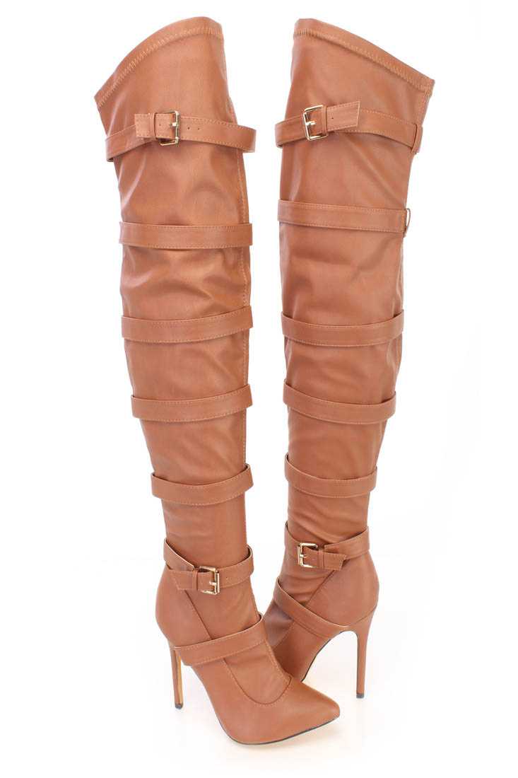 Cognac Strappy Thigh High Heel Boots Faux Leather