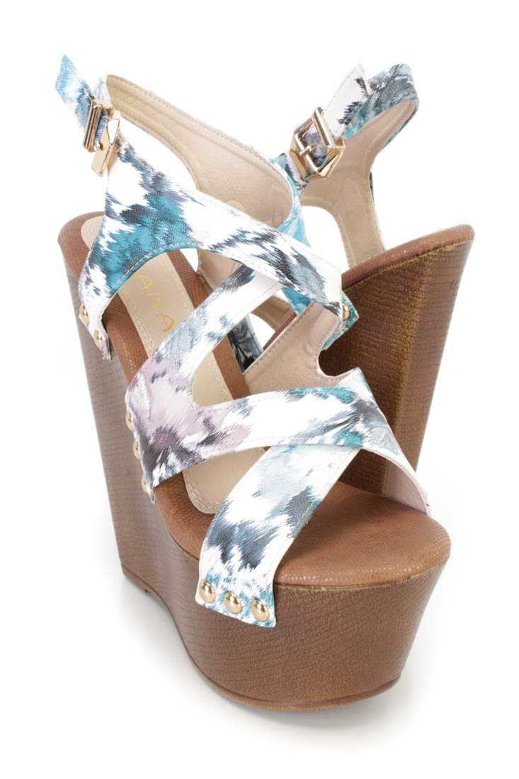 Blue Faux Wooded Platfom Wedge Faux Leather