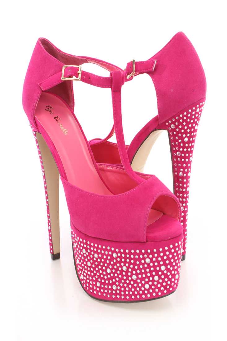 Fuchsia Peep Toe T-Strap Heels Faux Suede