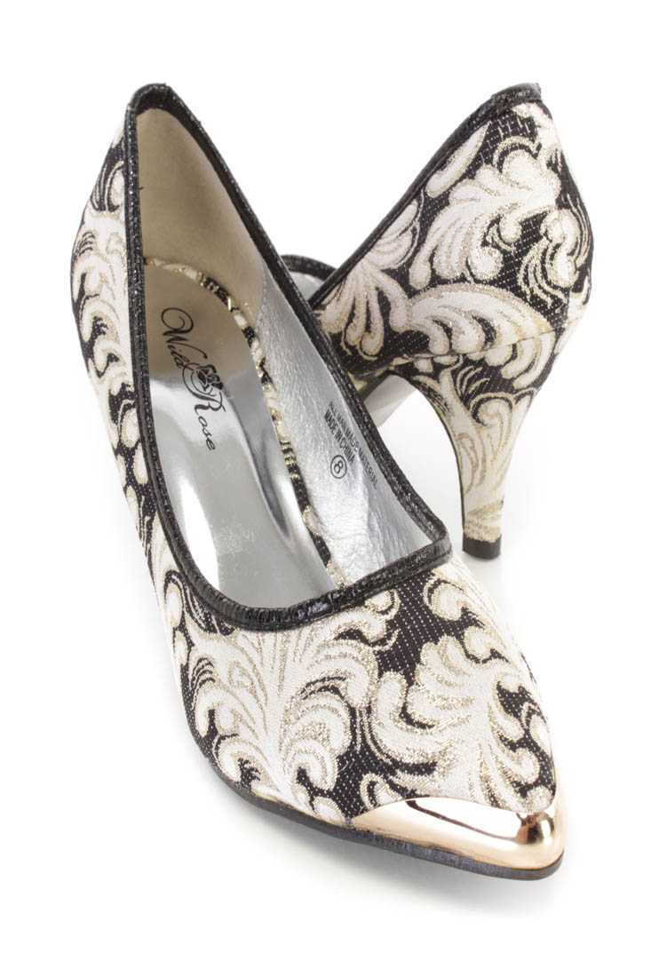 Black Filigree Embroidered Single Sole Pump Heels Fabric
