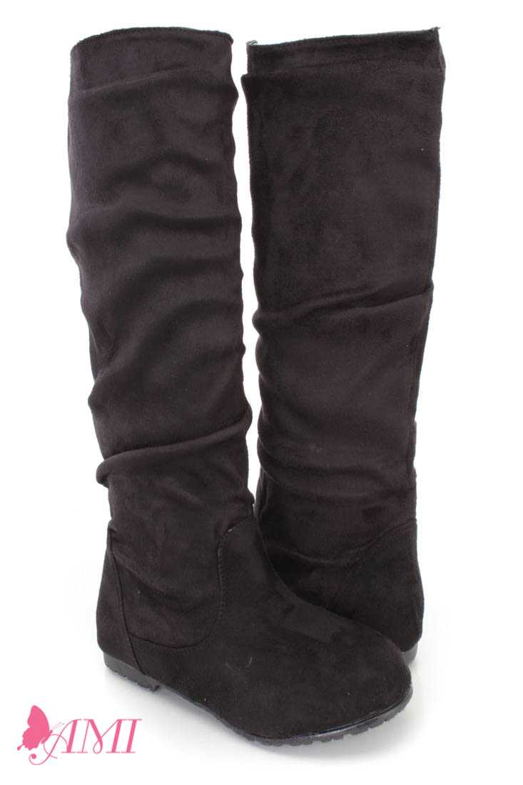 Black Slouchy Mid Calf Casual Boots Faux Suede