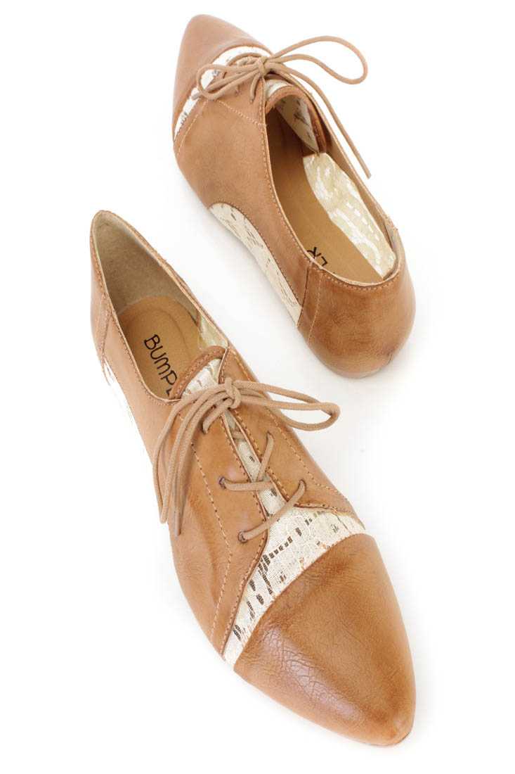 Cognac Crochet Cut Out Oxford Flats Faux Leather