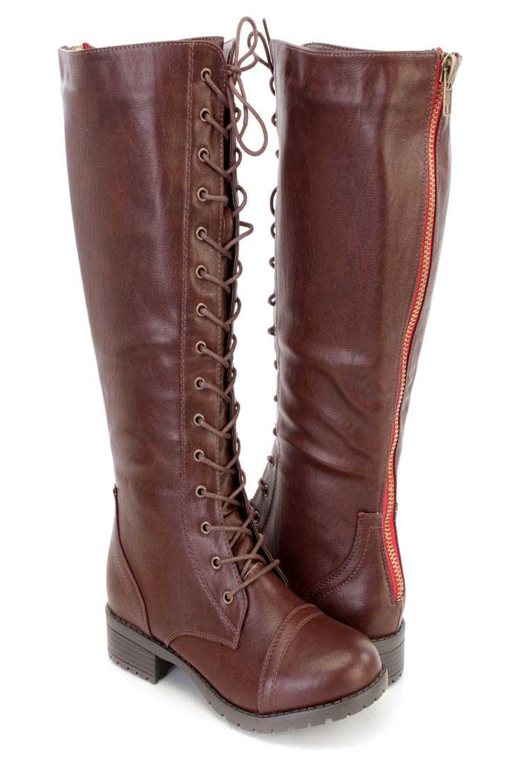 Brown Lace Up Mid Calf Combat Boots Faux Leather
