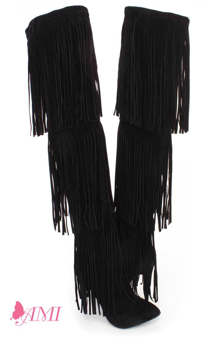 Black Fringe Thigh High Heel Boots Faux Suede