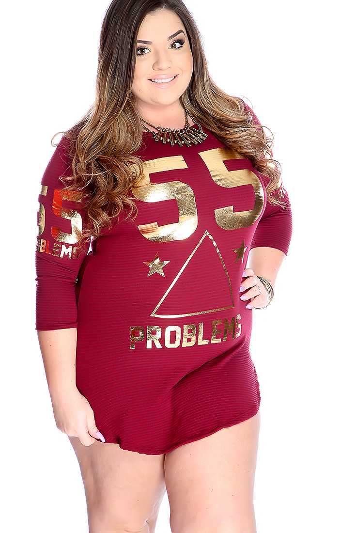 Casual Burgundy Quarter Sleeve Metallic Graphic Print Plus Size Dress