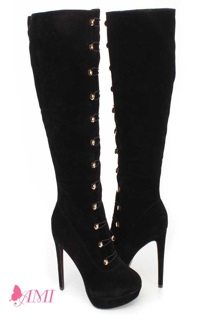 Black Hook Loop High Heel Boots Faux Suede