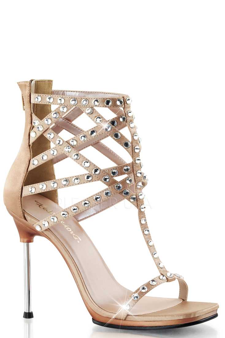 Champagne Suede Rhinestone Caged Sandal High Heels