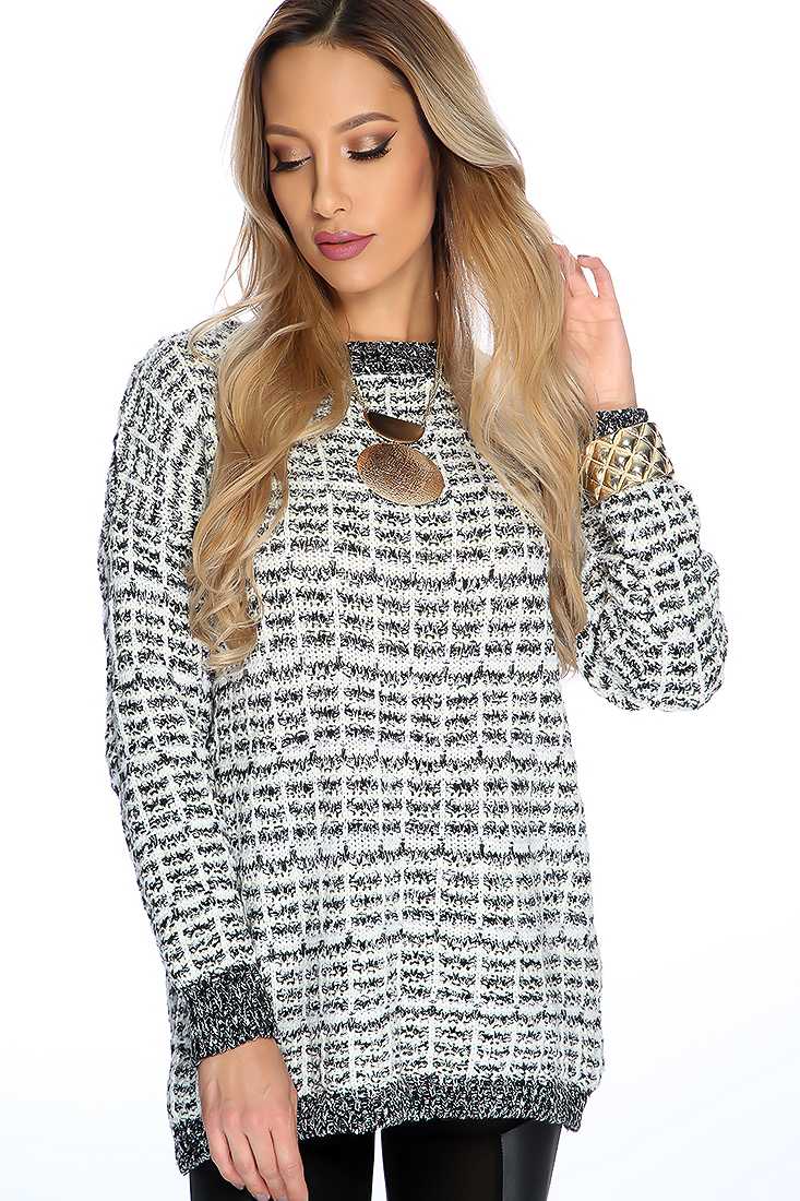 Black White Long Sleeve Round Neck Sweater