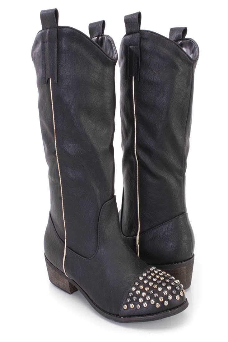 Black Studded Closed Toe Cowboy Boots Faux Leather