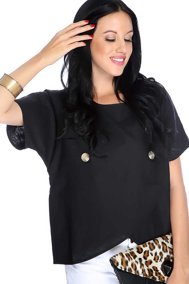 Black Buttoned Short Sleeve Dressy Top