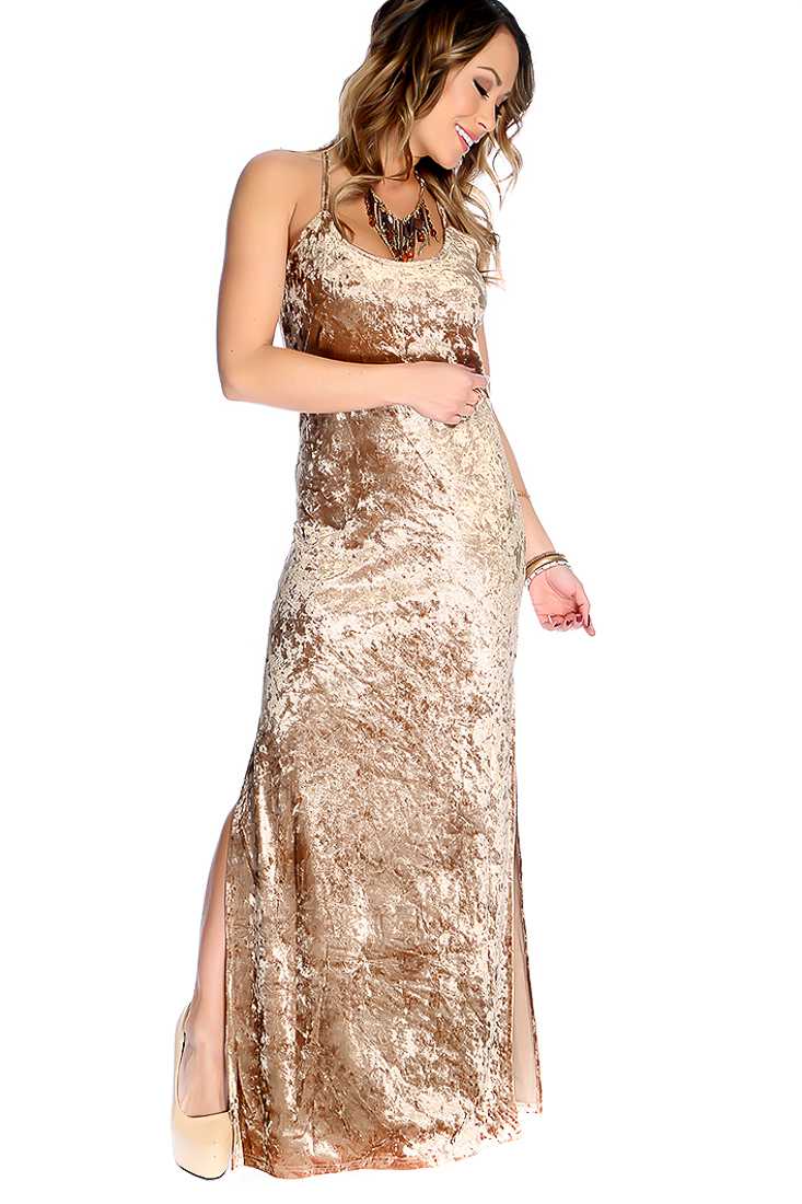 Sexy Champagne Velvet Sleeveless Side Slits Maxi Prom Dress