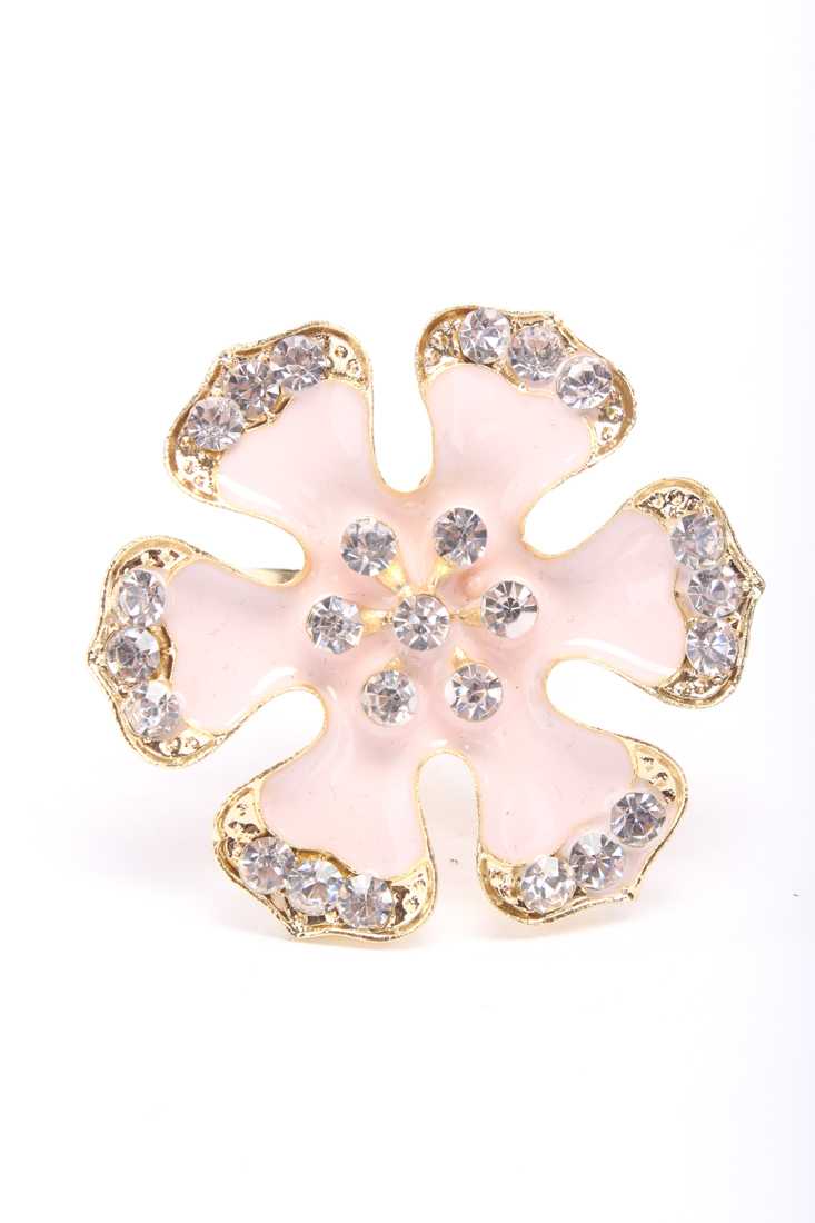 Gold Light Pink Faux Diamond Petal Outlined High Polish Flower Ring