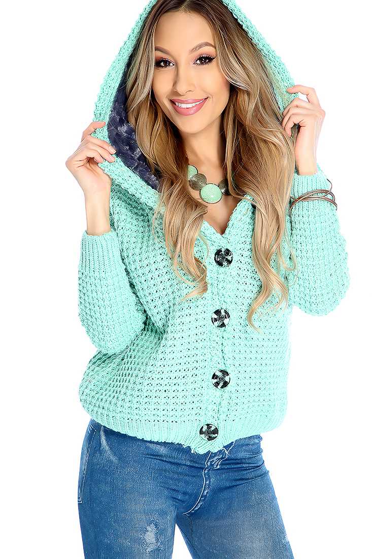 Mint Knitted Button Up Hooded Plush Sweater