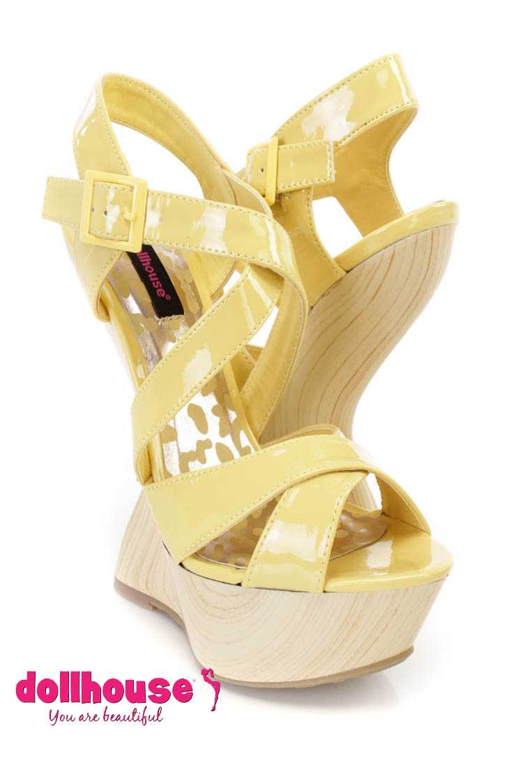 Lemon Cross Strap Gravity Wedges Patent Faux Leather
