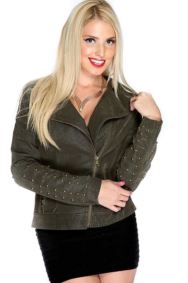Dark Olive Long Sleeve Studded Accent Faux Leather Jacket