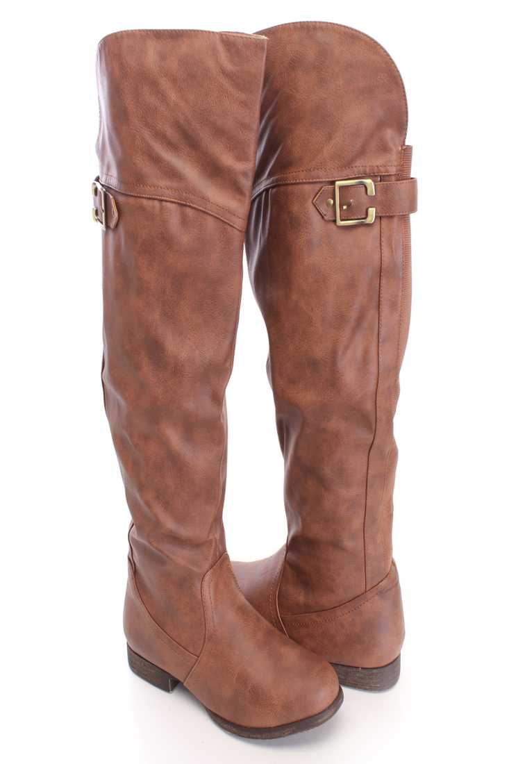 Tan Buckle Accent Knee High Boots Faux Leather
