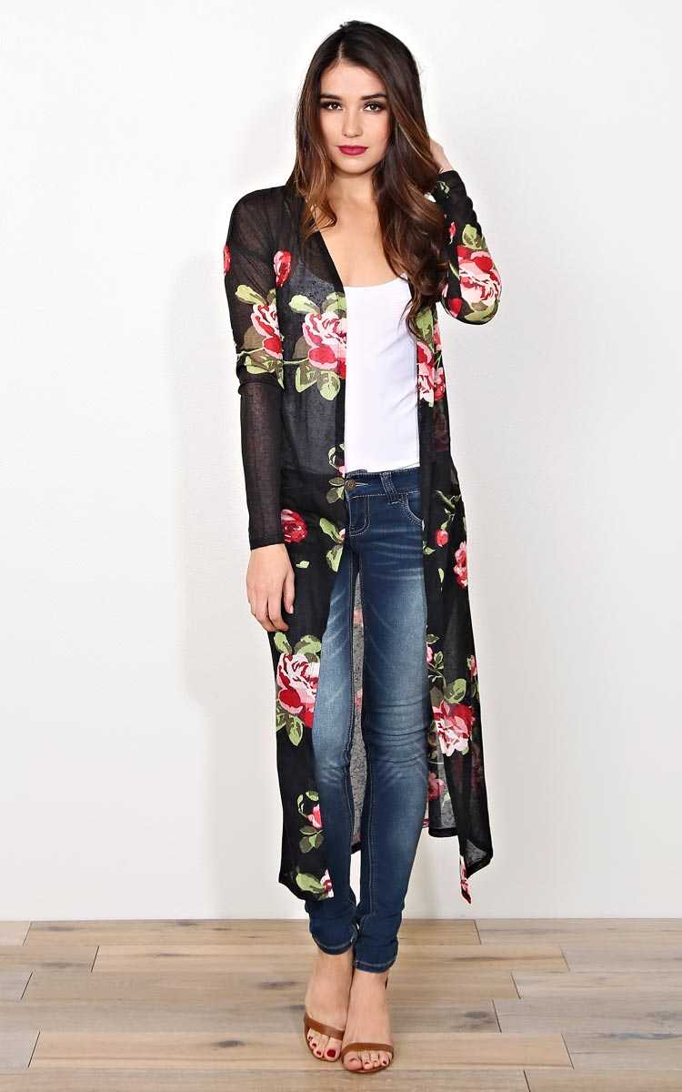 Bev Floral Knit Duster - SML - Black Combo in Size Small by Styles For Less