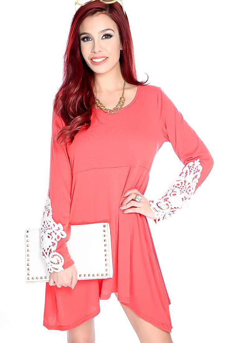 Sexy Coral Long Sleeve Embroidered Crotchet Detail Casual Dress