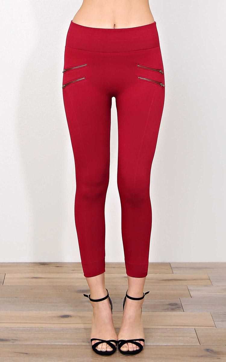 Burgundy Zip It Fleece Lined Leggings - N/S - Burgundy by Styles For Less