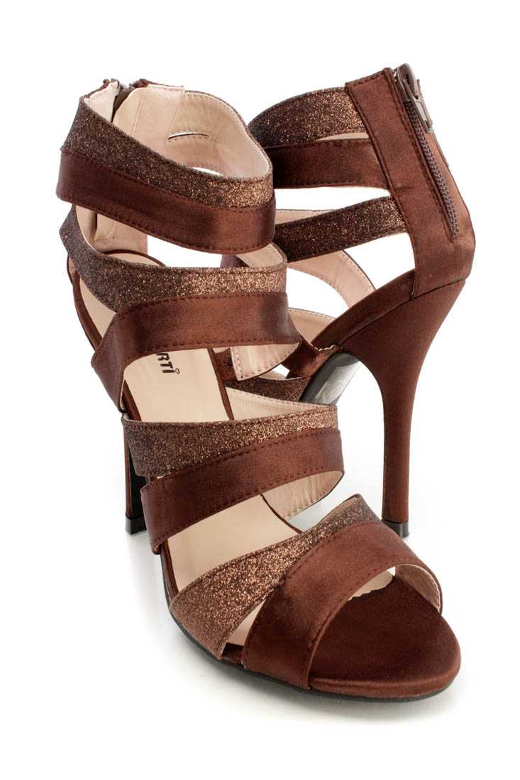 Bronze Glitter Strappy Ankle Booties Satin