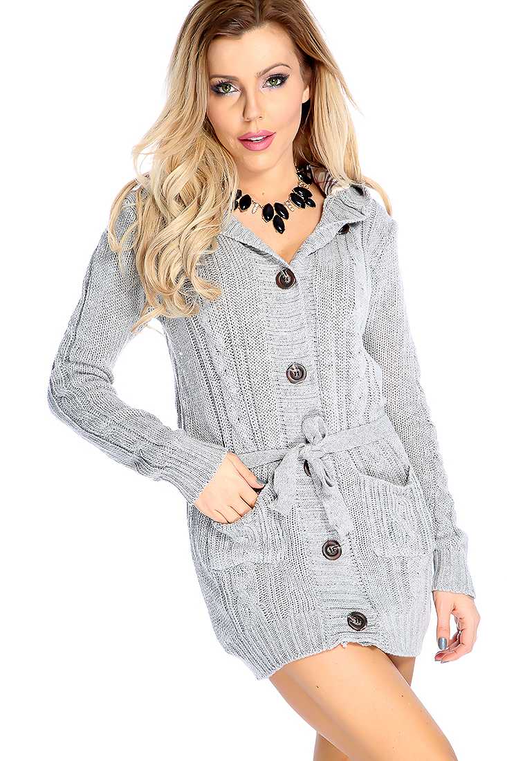 Grey Knitted Button Up Hooded Sweater