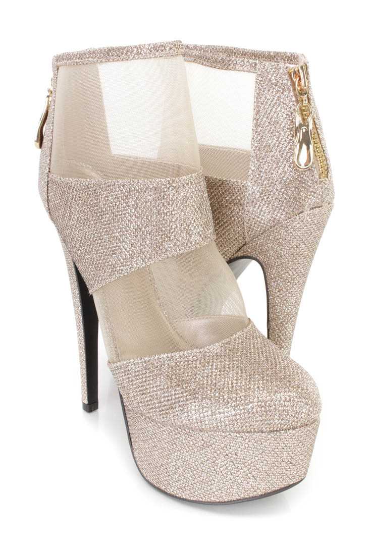 Champagne Mesh Cutouts Platform Booties Glitter