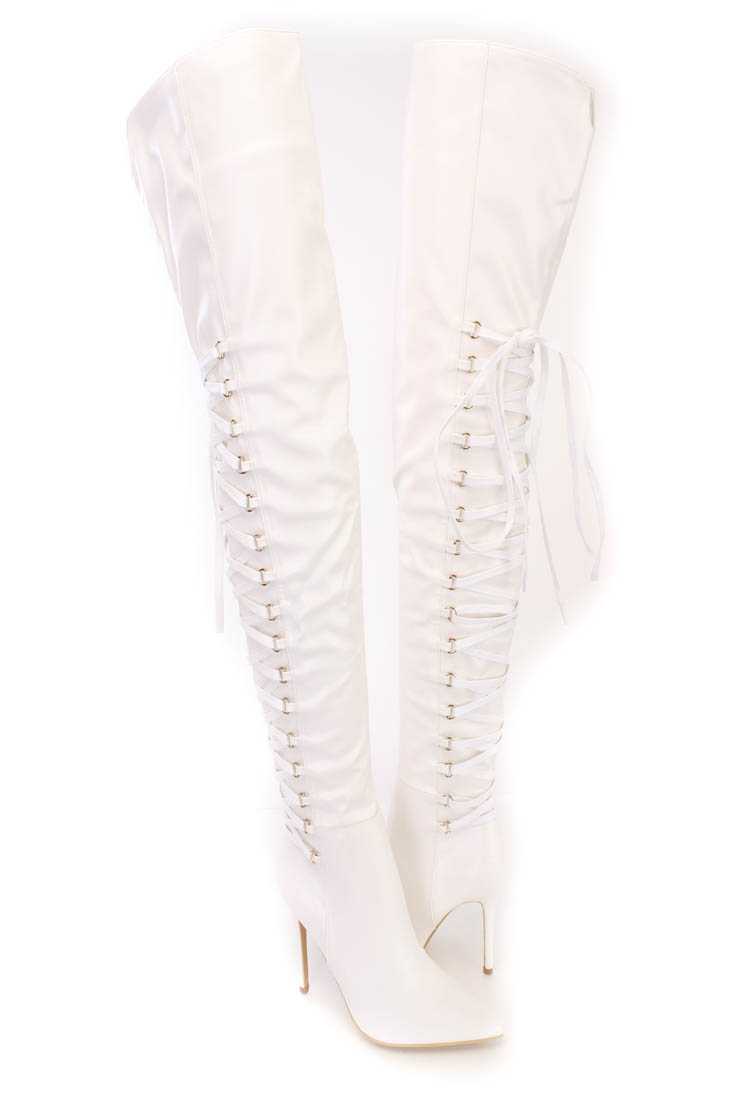 White Lace Up Back Thigh High Heel Boots Faux Leather