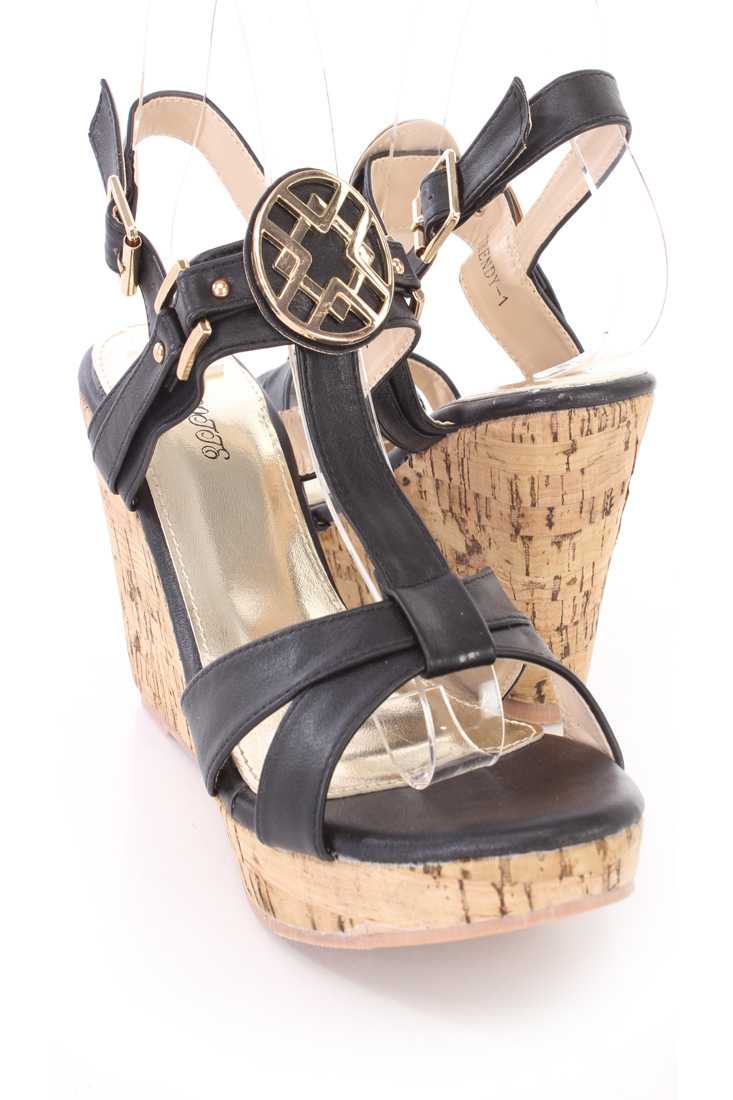 Black High Polish Hardware Cork Wedges Faux Leather
