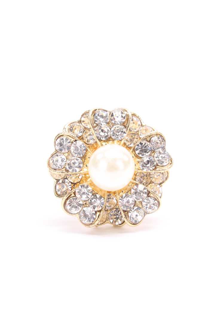 Gold Diamond Gemstone Clustered Petals Centered Faux Pearl High Polish Accent Ring