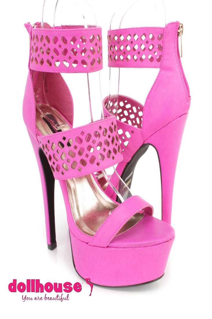 Magenta Perforated Strappy Platform 6 Inch High Heels Faux Leather