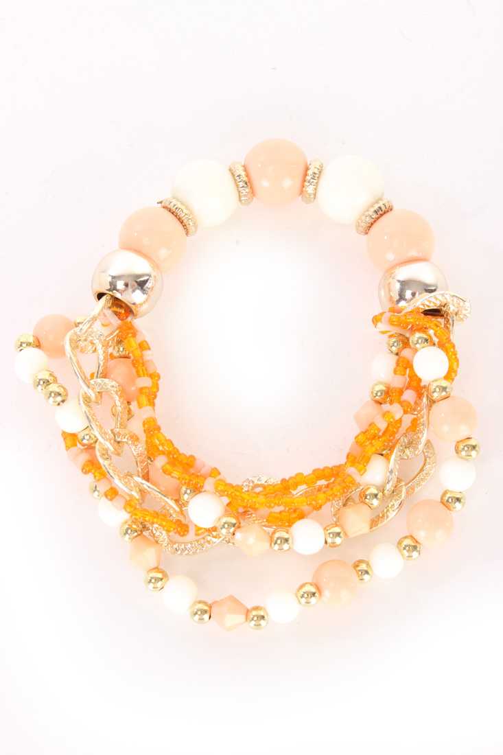 Coral Beaded Design High Polish Chain Link Accent Layered Bracelet