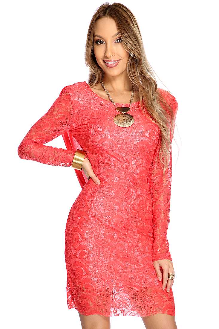 Orange Lace Long Sleeves Sexy Party Dress