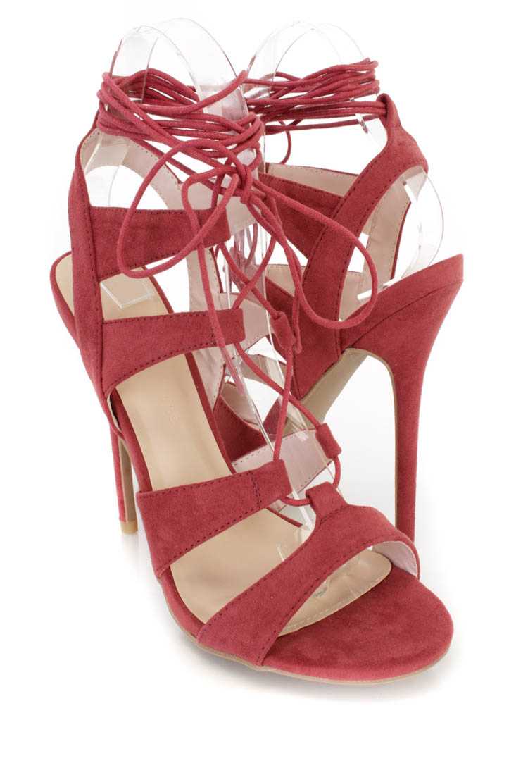 Marsala Peep Toe Lace Up Single Sole Heels Faux Suede