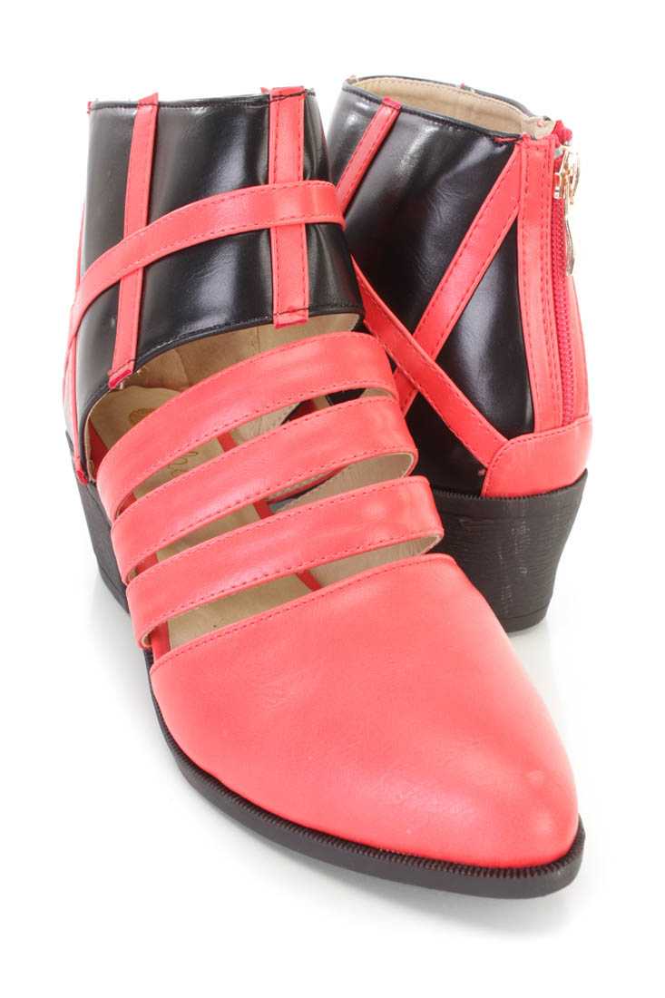 Red Black Two Tone Strappy Flats Faux Leather