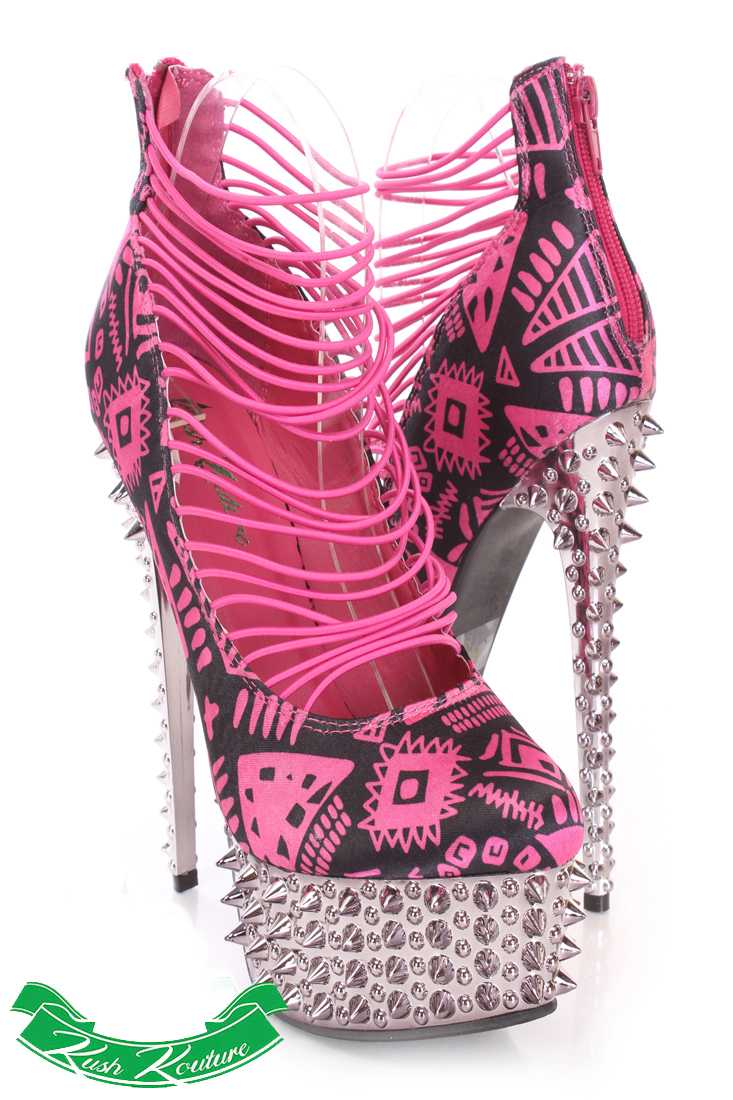 Black Fuchsia Printed Strappy High Heels Satin