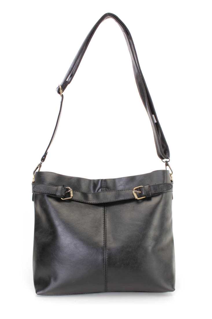 Black Faux Leather Buckle Strap Tote Handbag