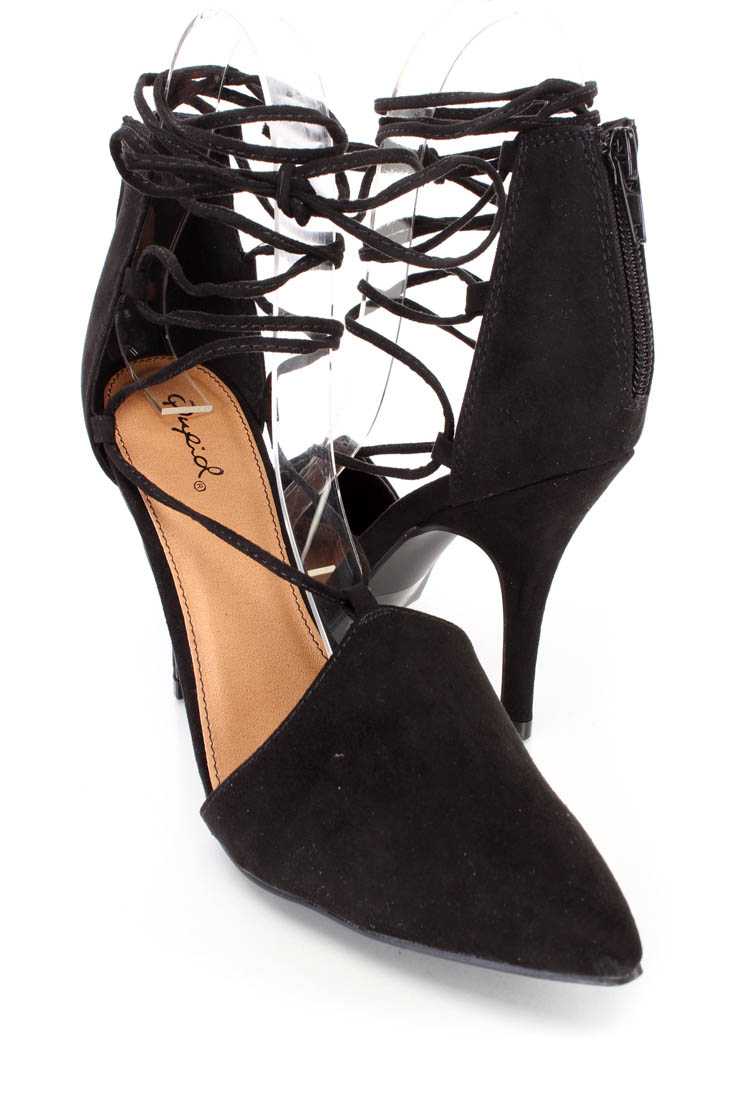Black String Tie Single Sole High Heels Faux Suede