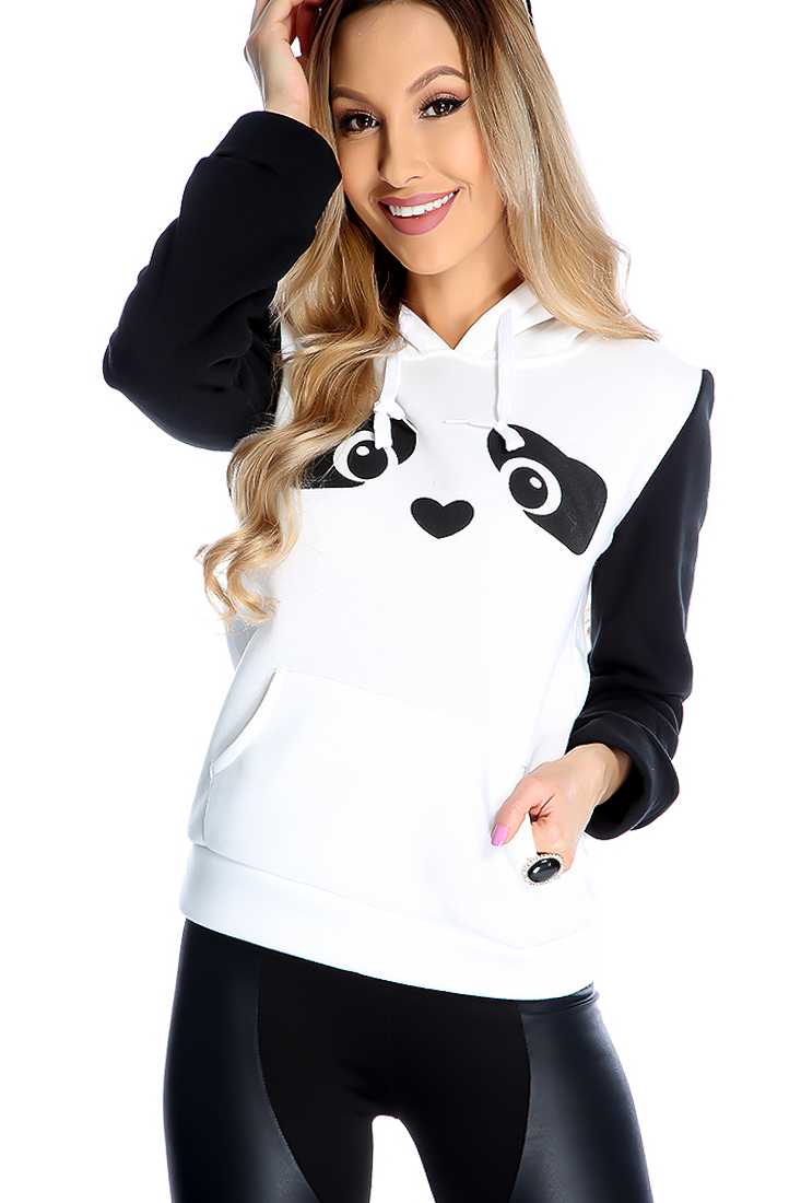 Casual White Black Animal Graphic Print Front Pocket Sweater