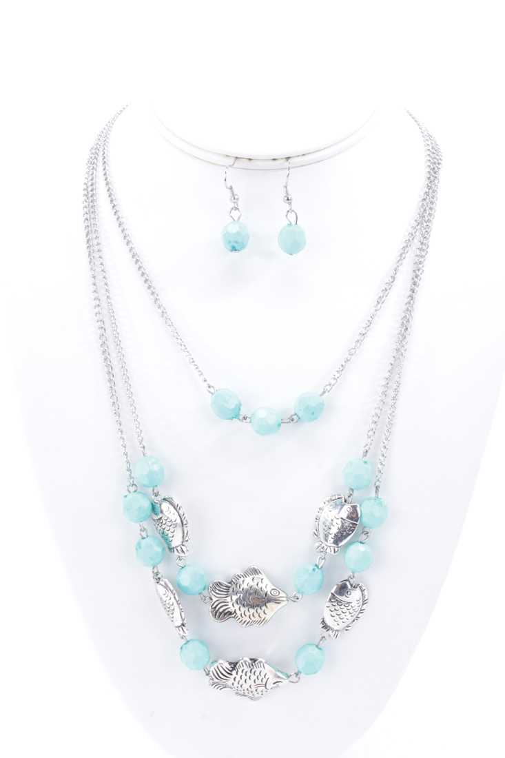 Turquoise Fish Charms Beaded Decor Layered Accessory Set