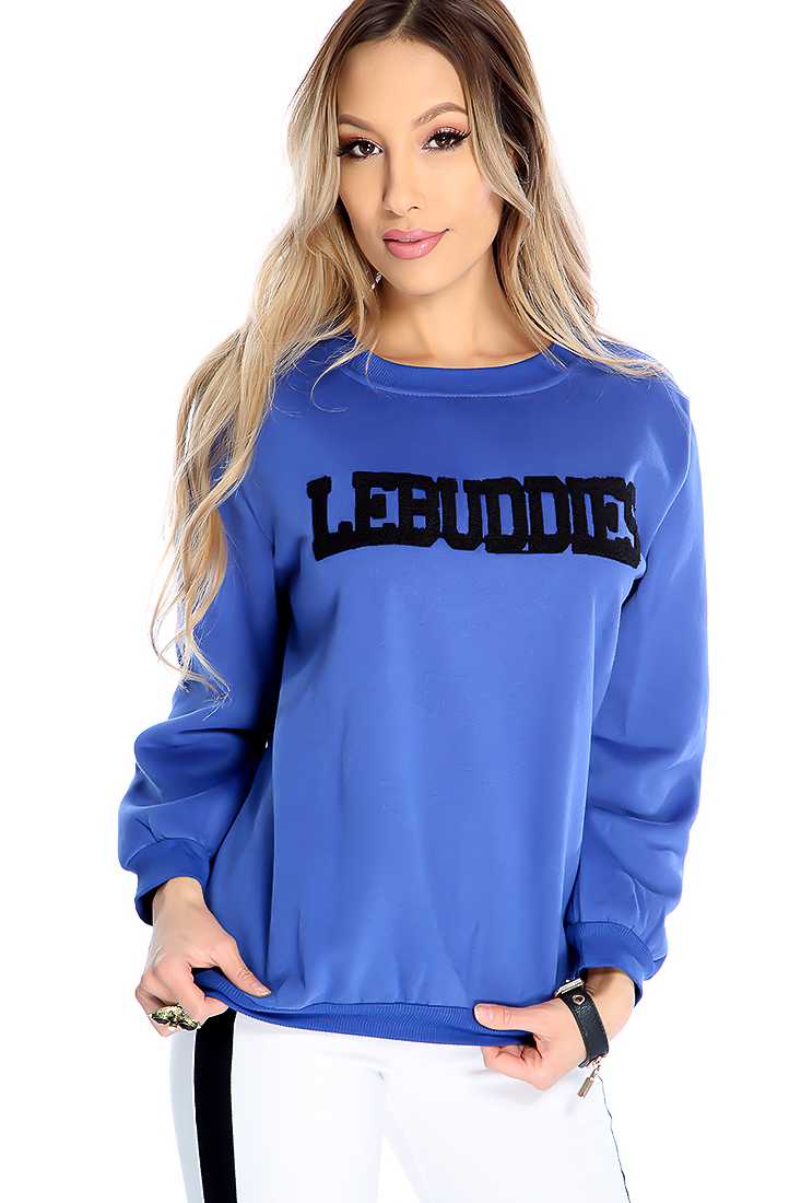 Royal Blue Long Sleeves Graphic Patches Sweater
