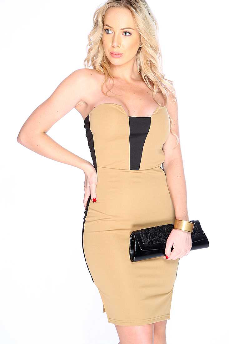 Sexy Camel Black Two Tone Strapless Bodycon Party Dress