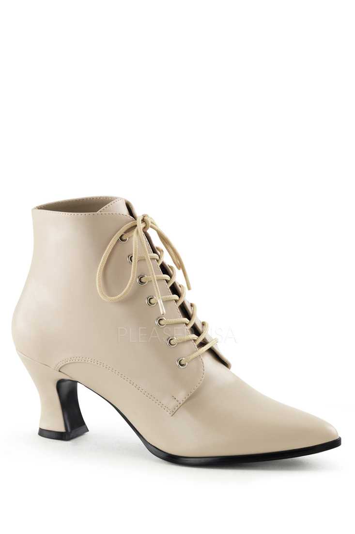 Cream Lace Up Victorian Ankle Booties Faux Leather