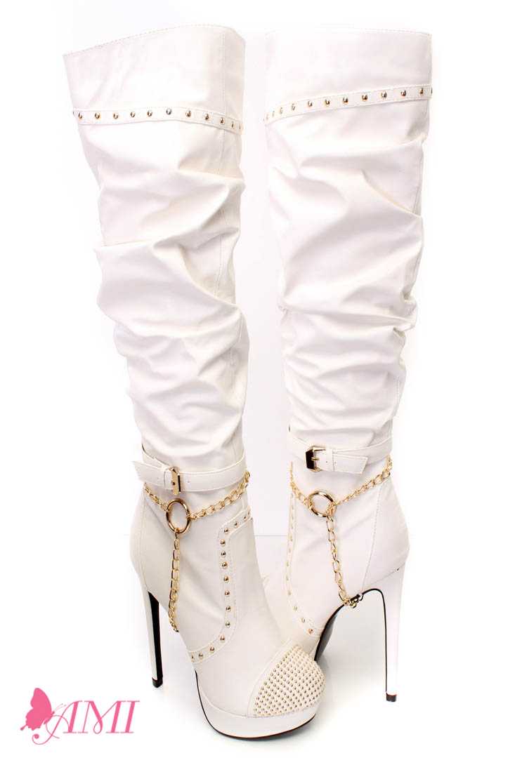 White Slouchy Studded Knee High Heel Boots Faux Leather