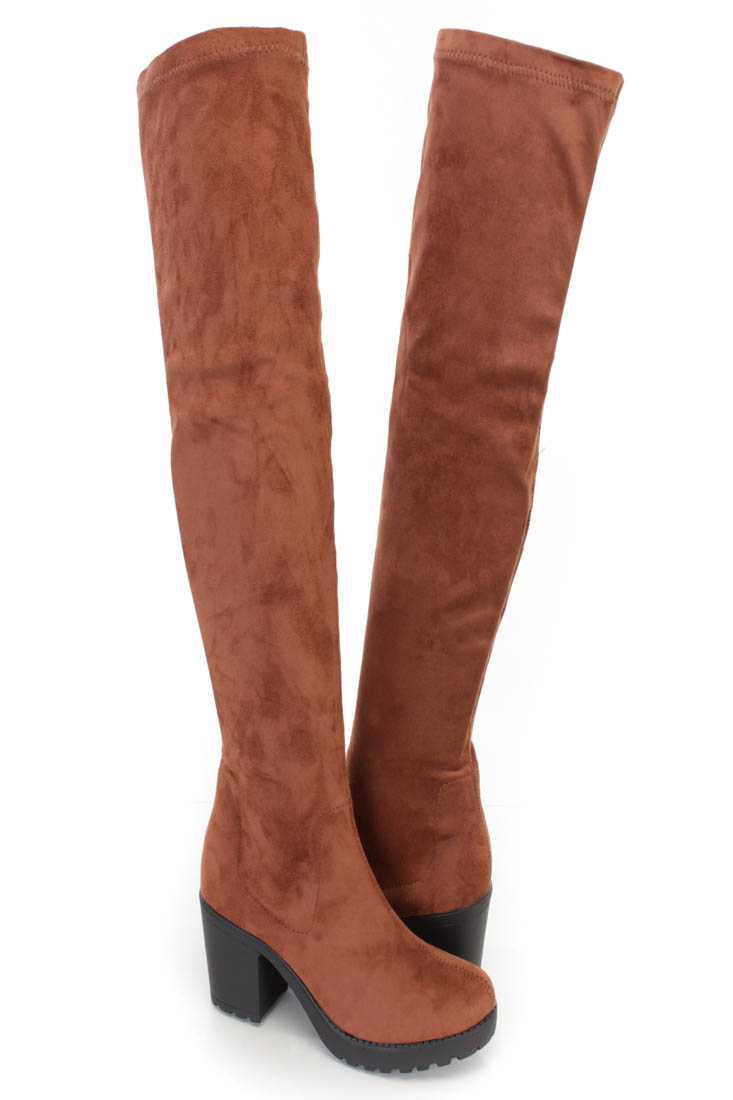 Tan Thigh High Chunky Heel Boots Faux Suede