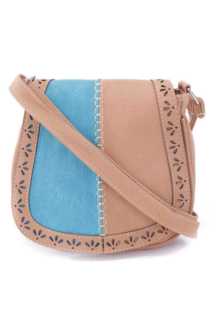 Teal Camel Faux Leather Two Tone Shoulder Handbag