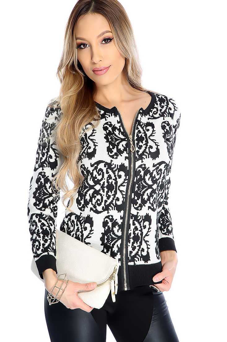 Black Damask Pattern Zip Up Sweater