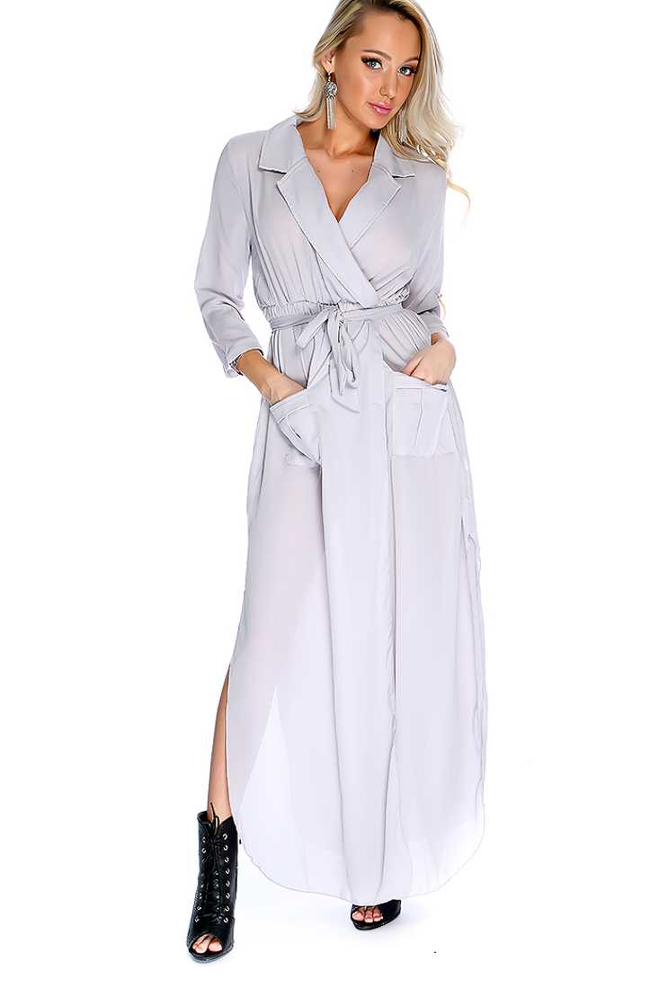 Sexy Grey V-neck Quarter Sleeve Waist Tie Dress