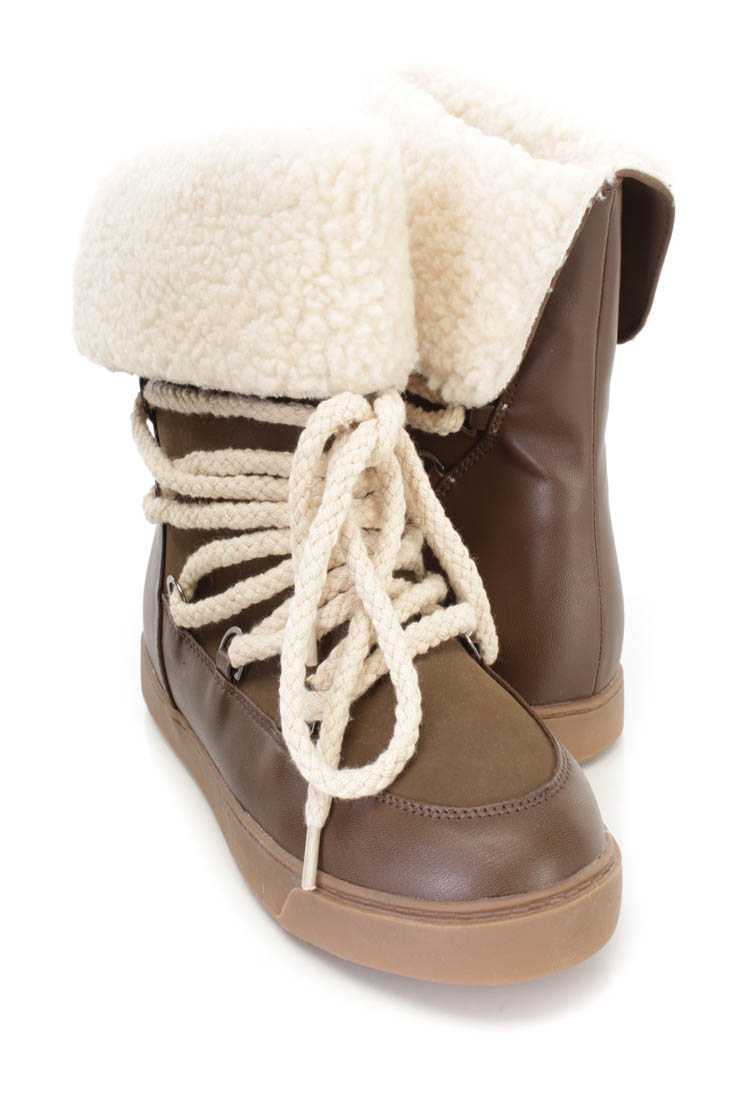 Olive Woven String Faux Shearing Cuff Booties Faux Leather