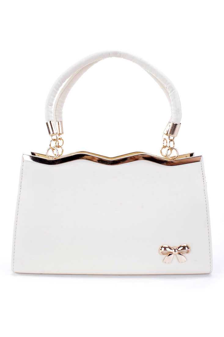 Cream High Polish Metal Accent Faux Leather Handbag